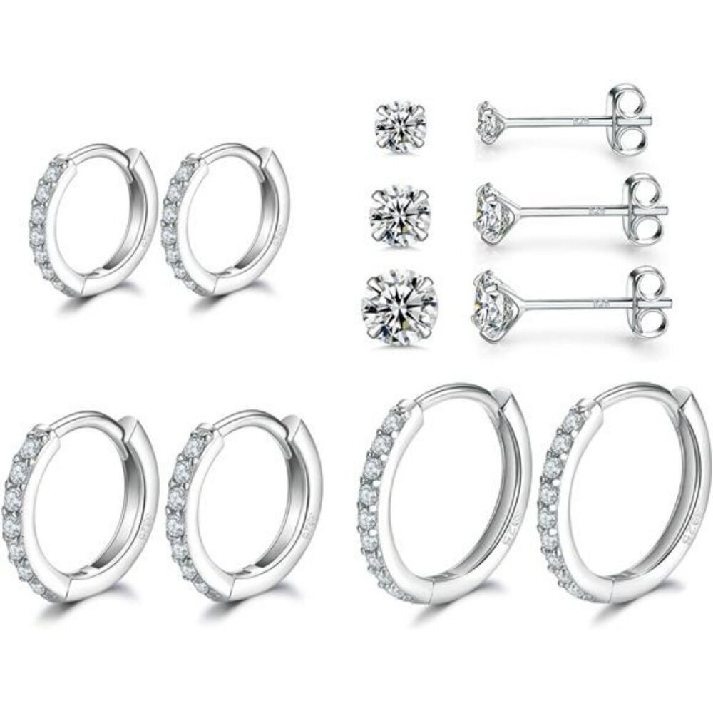 Sterling Silver Hoop Stud Earrings Set 6 Pairs CZ Hypoallergenic Cartilage